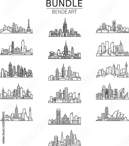 Set of black and white city skyline silhouettes and famous landmarks