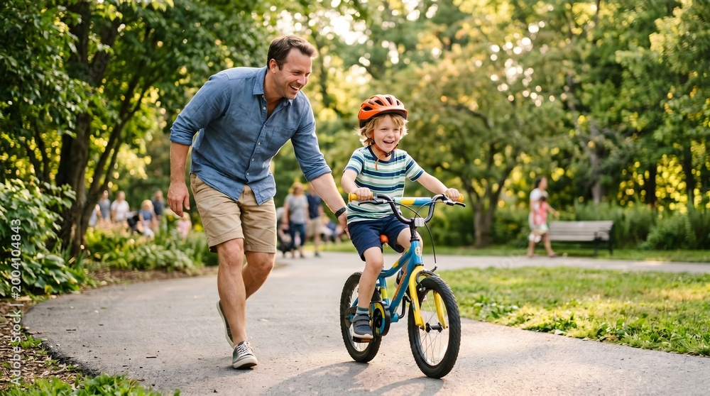 Fototapeta premium Happy Caucasian Father Teaching Young Son to Ride Bicycle in Sunny Park, Active Family Bonding and Childhood Milestone Concept