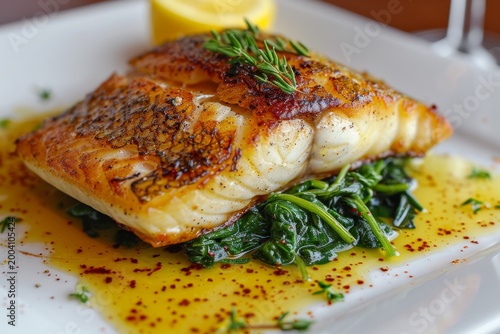 Seared white fish fillet served on spinach with a lemon butter sauce and herbs.