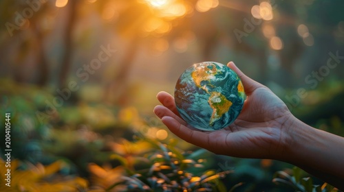 Human hand holding a glowing planet Earth globe in a sunlit green forest background.
