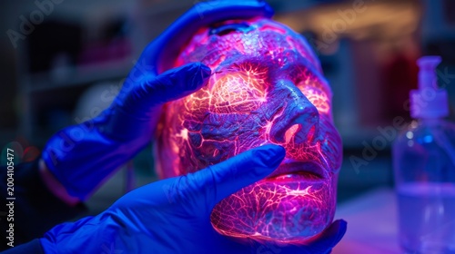 Examination of a transparent head glowing with neon energy veins by gloved hands.