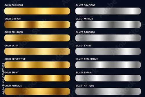 A Collection of Various Gold and Silver Metallic Texture Swatches and Gradient Samples