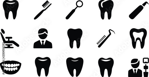 Dental care icons set featuring teeth toothbrush dentist chair dental tools and oral health professional services