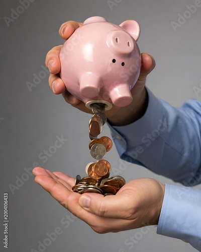 Pink ceramic piggy bank with coins falling into outstretched hands financial savings concept