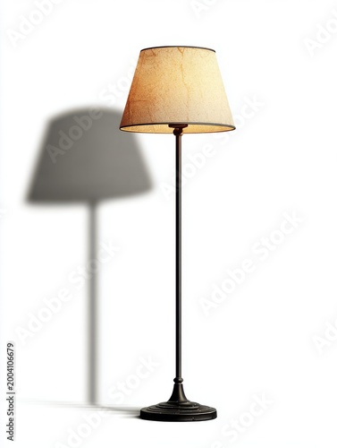Classic Standing Lamp With Textured Shade Casting Shadow On White Background