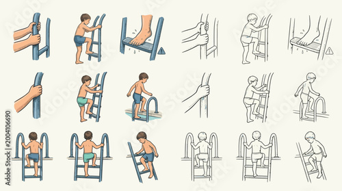 Canvas Print Collection of illustrations showing a child climbing a swimming pool ladder in different stages and perspectives