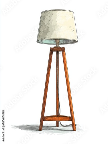 Classic Tripod Floor Lamp with Beige Fabric Shade and Wooden Base Casting a Shadow on a White Background