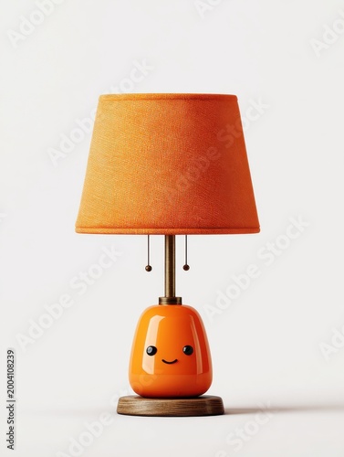 Cute Orange Ceramic Lamp With Textured Shade And Happy Face On White Background