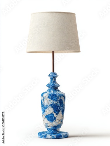Decorative Blue And White Urn Shaped Lamp With Textured White Drum Shade Studio Shot