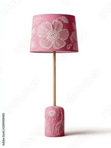 Decorative Pink Lamp With White Floral Pattern On White Background