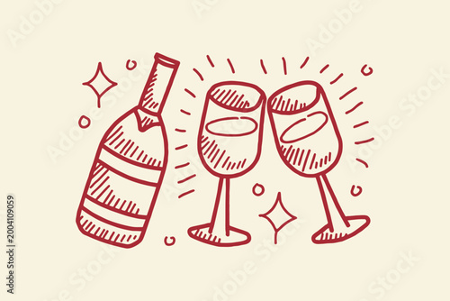 Photography Celebration toast with sparkling wine bottle and two clinking glasses hand-drawn