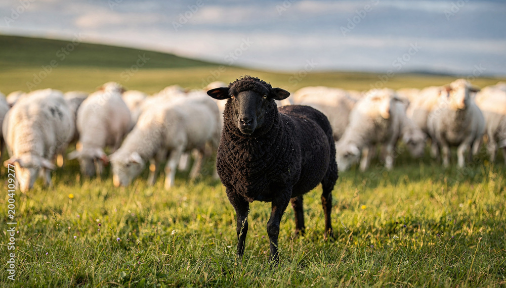 Fototapeta premium Black Sheep Stand Out from Flock on Green Pasture Under Cloudy Sky