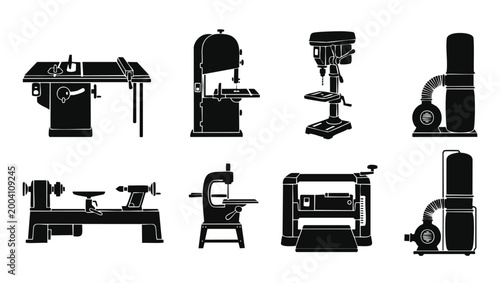 Foto Woodworking Machinery Icons Set, Professional Carpentry Workshop Tools, Heavy In
