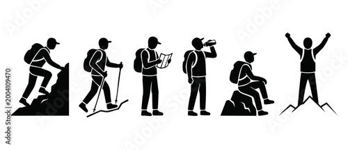 Hiker silhouette set isolated on white background, trekking activity icons, mountain climber action poses, backpacker adventures, travel concept vector illustration for web and mobile design elements.