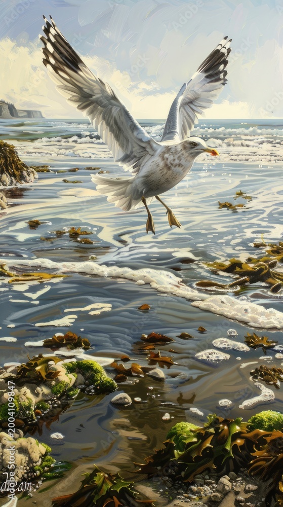 Fototapeta premium Seagull, with white feathers and black stripes on its wings, yellow beak and feet flying over an ocean pier.