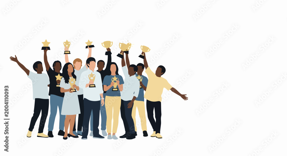 Obraz premium Diverse group celebrating success with trophy cups and raised hands in unity. digital illustration for banner, poster, packaging, website, advertising, and social media design use