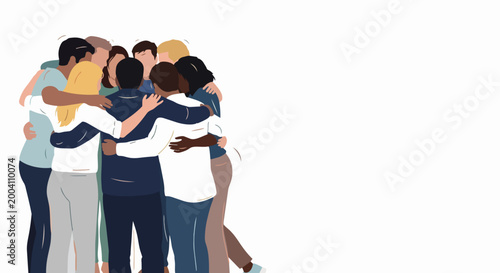 Diverse group hug illustration with people embracing in unity and support. Vector flat design for teamwork, friendship, and community bonding. Concept for social media, corporate training,