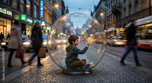 A child sits inside a transparent sphere in a busy city, drawing a glowing sun, symbolizing imagination, protection, innocence, and hope amid urban chaos.