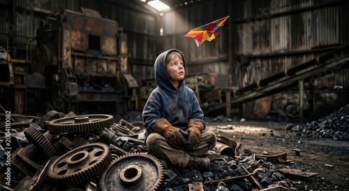 A child sits in a dark industrial ruin watching a bright paper airplane, symbolizing hope, imagination, resilience, and dreams rising above hardship.
