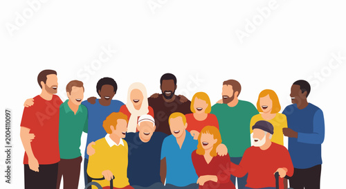 Diverse group illustration of people standing together in cheerful unity. Colorful flat vector design for teamwork, collaboration, and diversity concepts. Vector graphic for corporate, education,