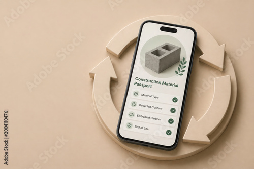 Digital product showcasing construction material passport on smartphone, emphasizing sustainability and eco friendly practices