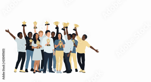 Diverse group celebrating success with trophy cups raised high in unity. Teamwork concept featuring happy people holding golden cups. Motivational imagery for corporate awards or team achievements.