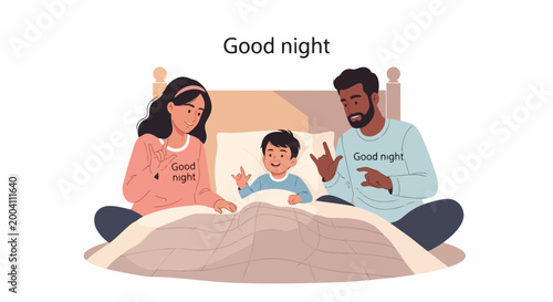 Family reading bedtime story with child under blanket, cozy nighttime routine illustration. Good night concept for parenting blog or children’s book cover. Vector flat design with warm tones.