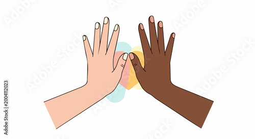 Handshake between two people with one hand holding yellow flower. Vector illustration of diverse hands connecting with floral element. Concept unity and collaboration for teamwork presentations.