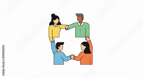 Handshake greeting illustration with diverse business professionals exchanging handshakes in office setting. Vector flat design for corporate teamwork concept.