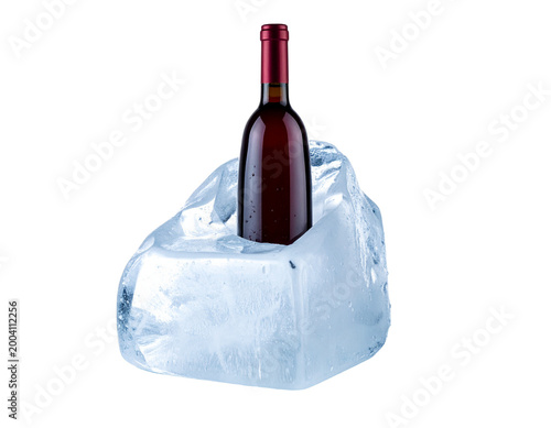 Red Wine Bottle Encased in Clear Ice Block