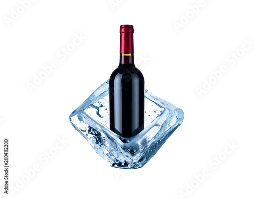 Red Wine Bottle Encased in Ice Block
