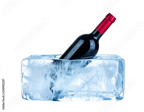 Red Wine Bottle Encased in Clear Ice Block