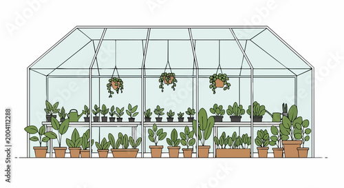 Greenhouse vector illustration with abundant potted plants and hanging greenery, showcasing a vibrant indoor garden sanctuary for botanical enthusiasts and home decor.