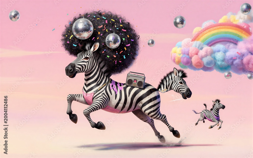 Fototapeta premium Zebra with afro and boombox dances under rainbow disco balls float in