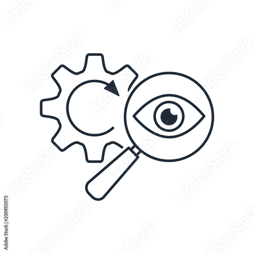 A magnifying glass with an eye and a gear with a circular arrow. Search and analysis. Vector linear icon illustration isolated on white background.