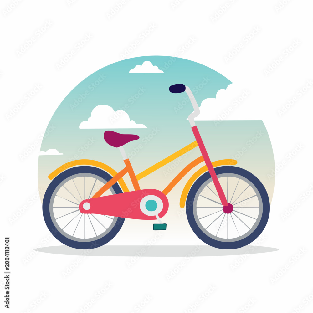 Fototapeta premium Colorful Bicycle Illustration with Clouds and Sky