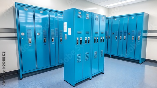 Interior View Blue Metal School Lockers in a Row in Hallway for Storage