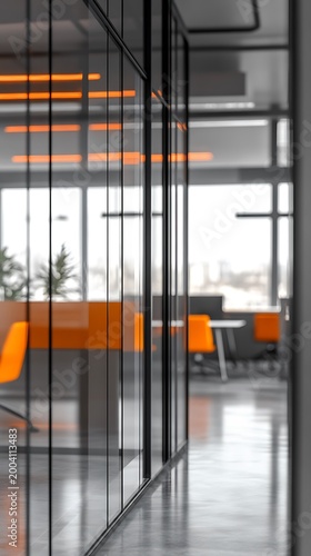 Interior View Through Glass Partition Showing Office Space and Orange Seating