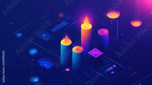Isometric abstract with neon glowing shapes, cylinders, coins on blue gradient