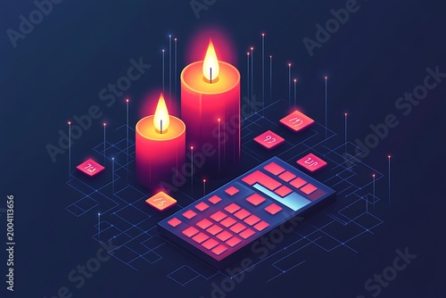 Isometric Keyboard, Candles, Numbers, Glowing Light Points on Grid Background Design