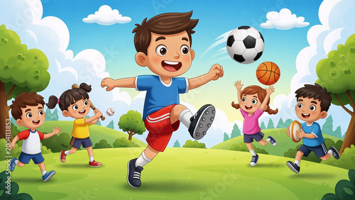 Group of happy children playing various sports activities outdoors. Kids boy and girl having fun with football, baseball, basketball and rugby ball.