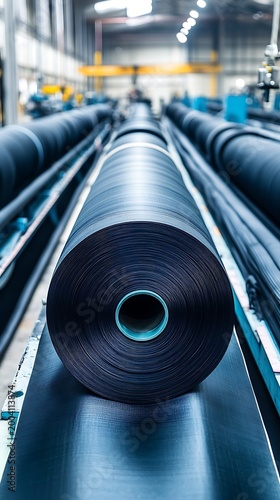 Large Roll of Black Rubber Sheeting Material on a Conveyor System in a Factory