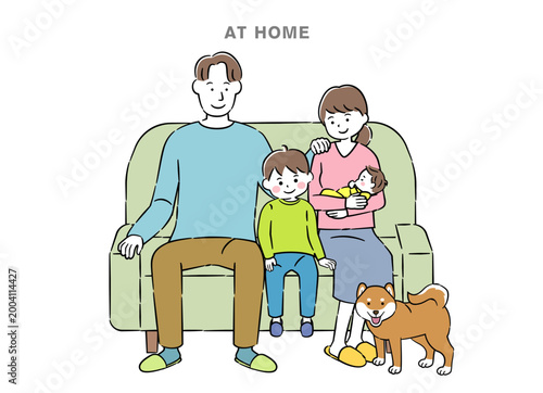 ペットのいる4人家族のイラスト 4C