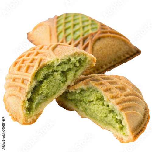 unique bitten matcha Taiyaki a green filling against a pristine white background