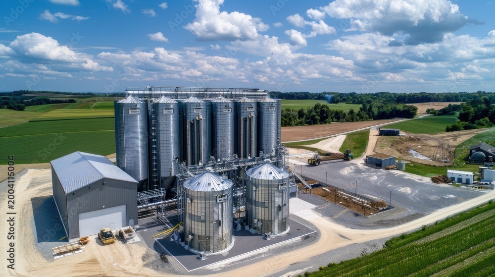Obraz premium An overhead view of grain silos at an industrial farm, with blue sky and green fields in the background.