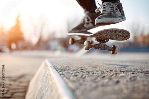 A boy is doing an ollie with his skateboard at a skatepark in the late afternoon. The sun is setting, and he is focused on the trick. The ground is smooth and concrete