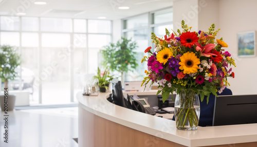 Beautiful vibrant bouquet of colorful flowers in a glass vase on a modern office reception desk creating a welcoming professional atmosphere in a bright clinic or company lobby interior