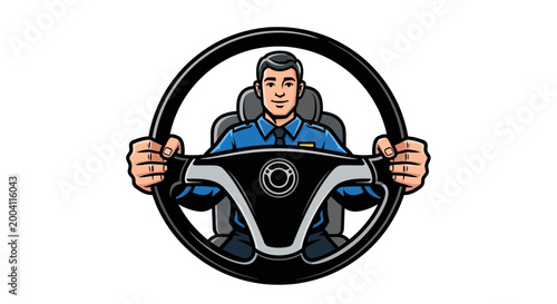 Smiling Man in Uniform Driving a Car