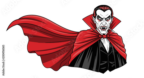 Vampire Dracula Illustration with Red Cape and Sharp Fangs
