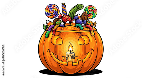 Halloween Jack-o'-Lantern Pumpkin Full of Candy with Lit Candle Illustration